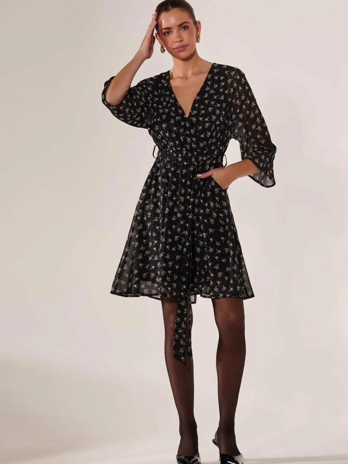 Jolie Moi Floral Dresses|Weekend Casuals-Chiffon 3/4 Sleeve Mini Dress, Black Floral