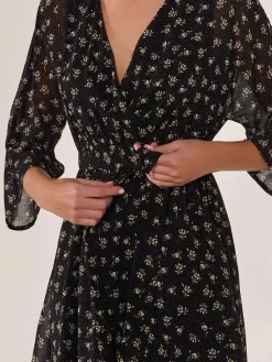 Jolie Moi Floral Dresses|Weekend Casuals-Chiffon 3/4 Sleeve Mini Dress, Black Floral