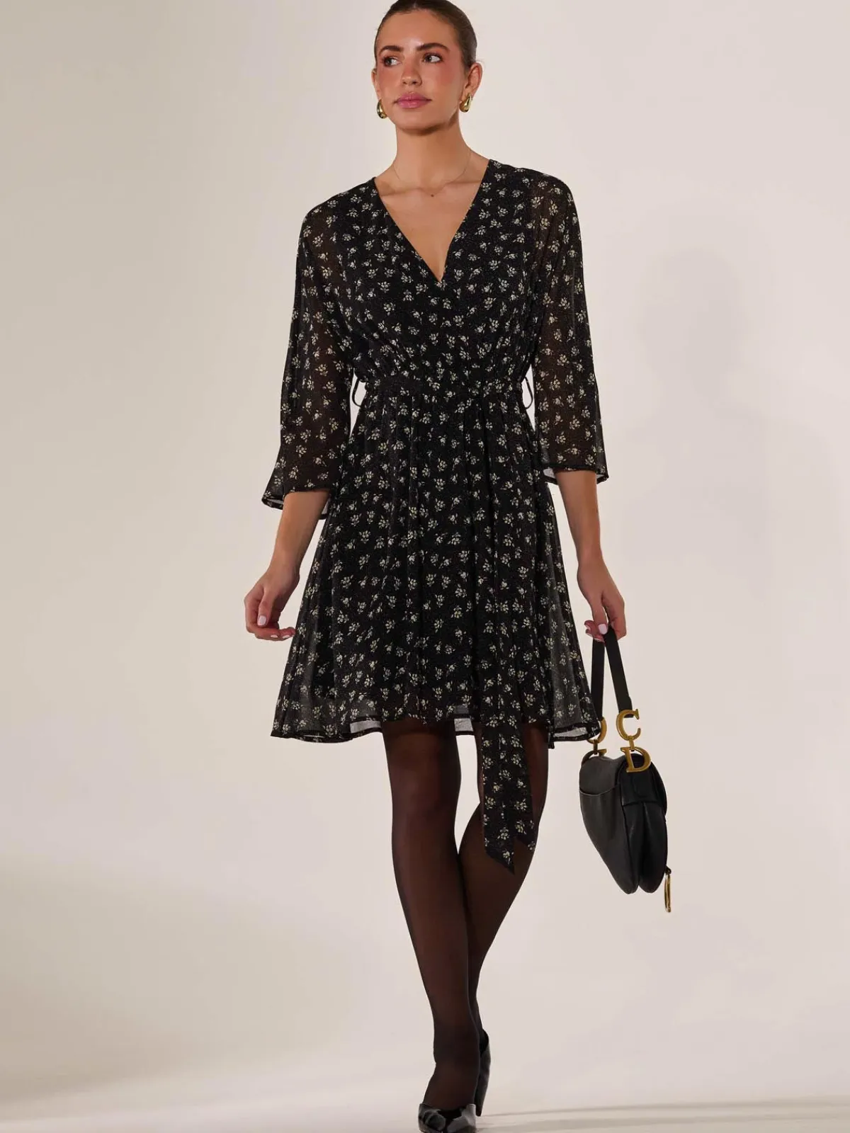 Jolie Moi Floral Dresses|Weekend Casuals-Chiffon 3/4 Sleeve Mini Dress, Black Floral