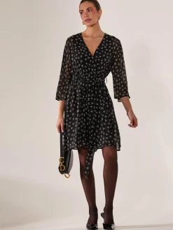 Jolie Moi Floral Dresses|Weekend Casuals-Chiffon 3/4 Sleeve Mini Dress, Black Floral