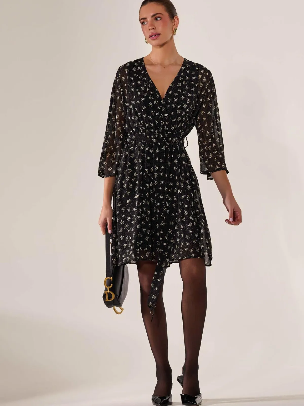Jolie Moi Floral Dresses|Weekend Casuals-Chiffon 3/4 Sleeve Mini Dress, Black Floral