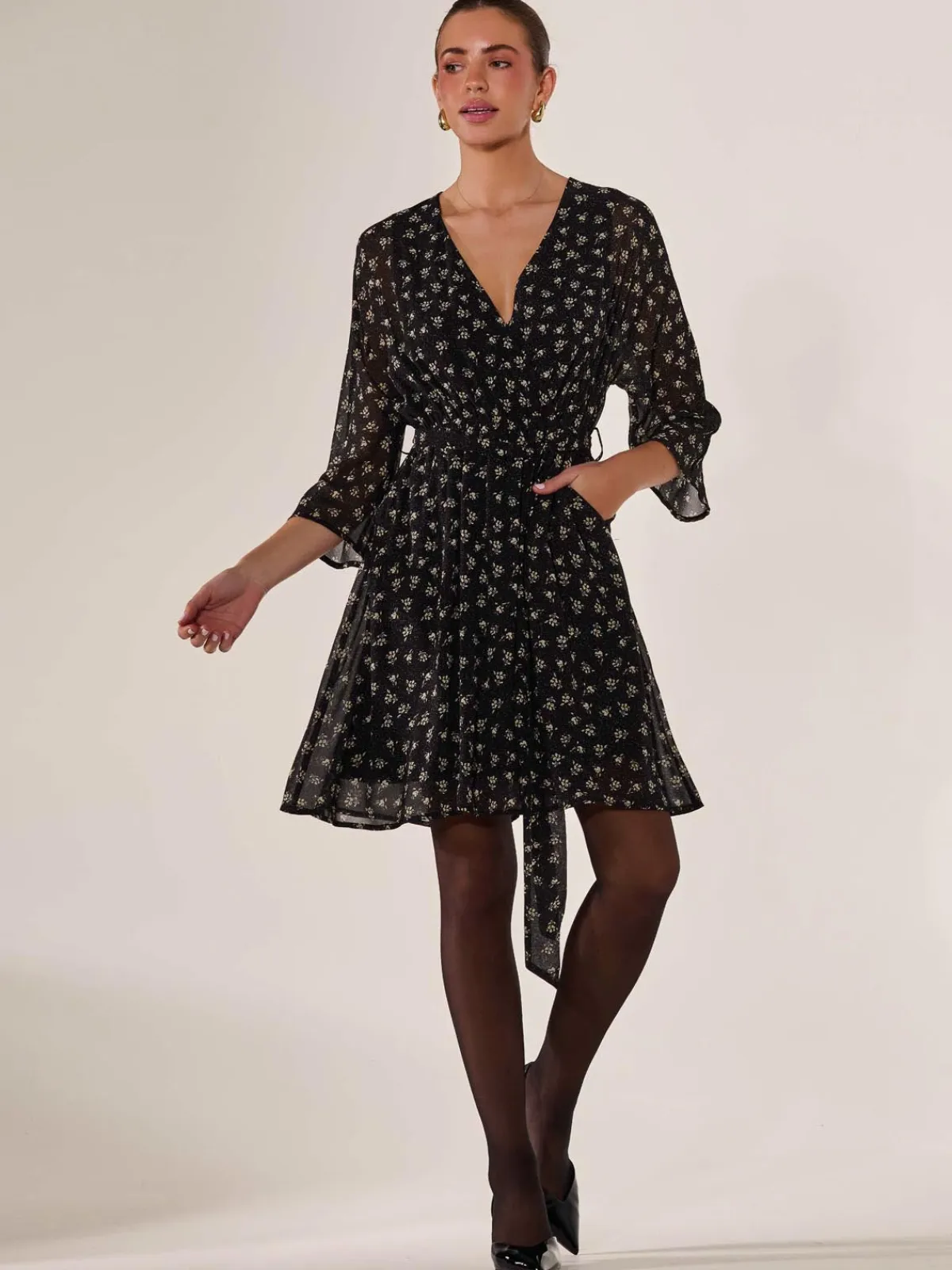 Jolie Moi Floral Dresses|Weekend Casuals-Chiffon 3/4 Sleeve Mini Dress, Black Floral