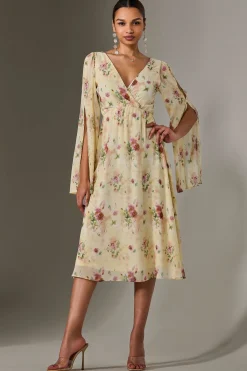 Jolie Moi Occasion Dresses|Floral Dresses-Chiffon Split Sleeve Midaxi Dress, Yellow Floral