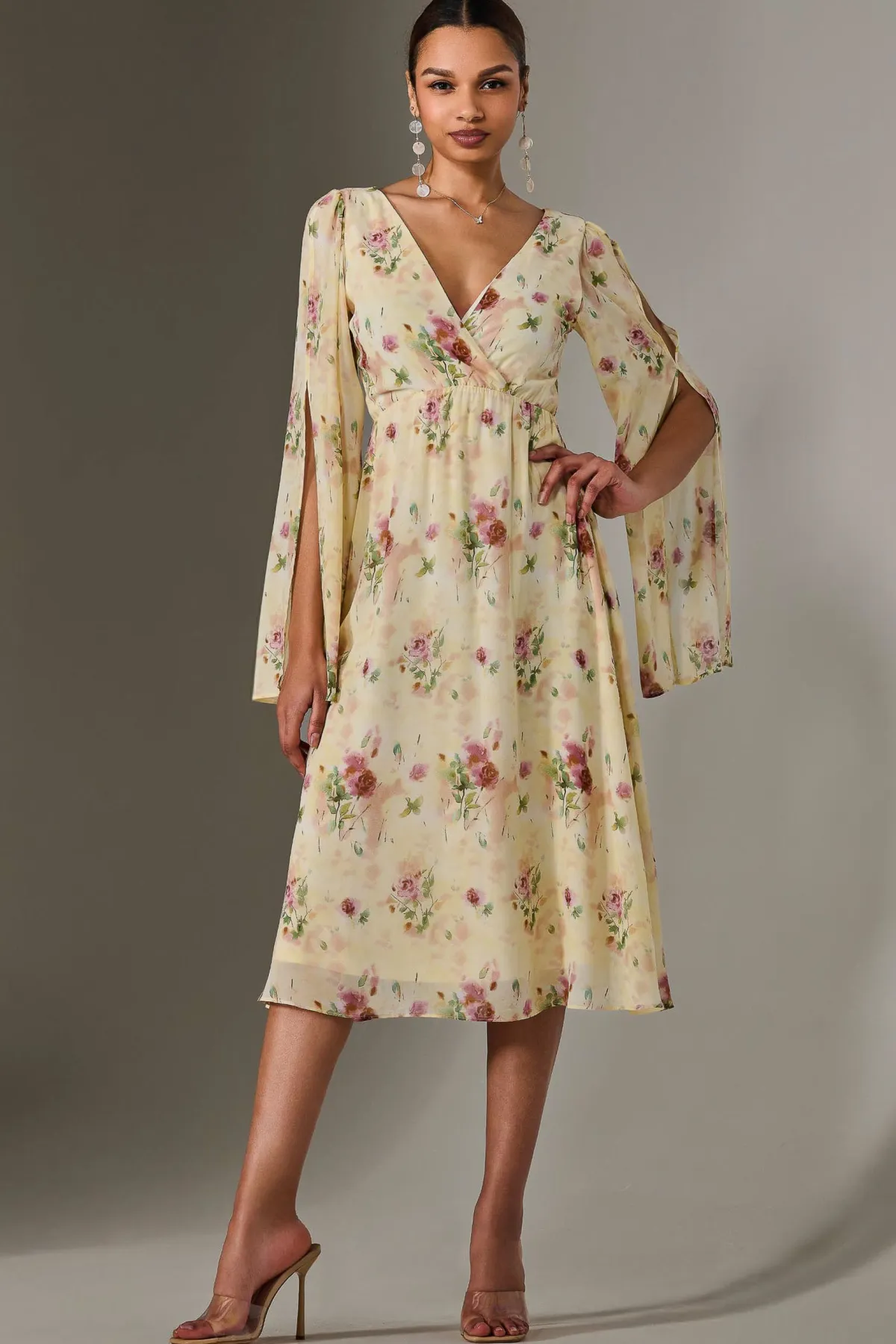 Jolie Moi Occasion Dresses|Floral Dresses-Chiffon Split Sleeve Midaxi Dress, Yellow Floral