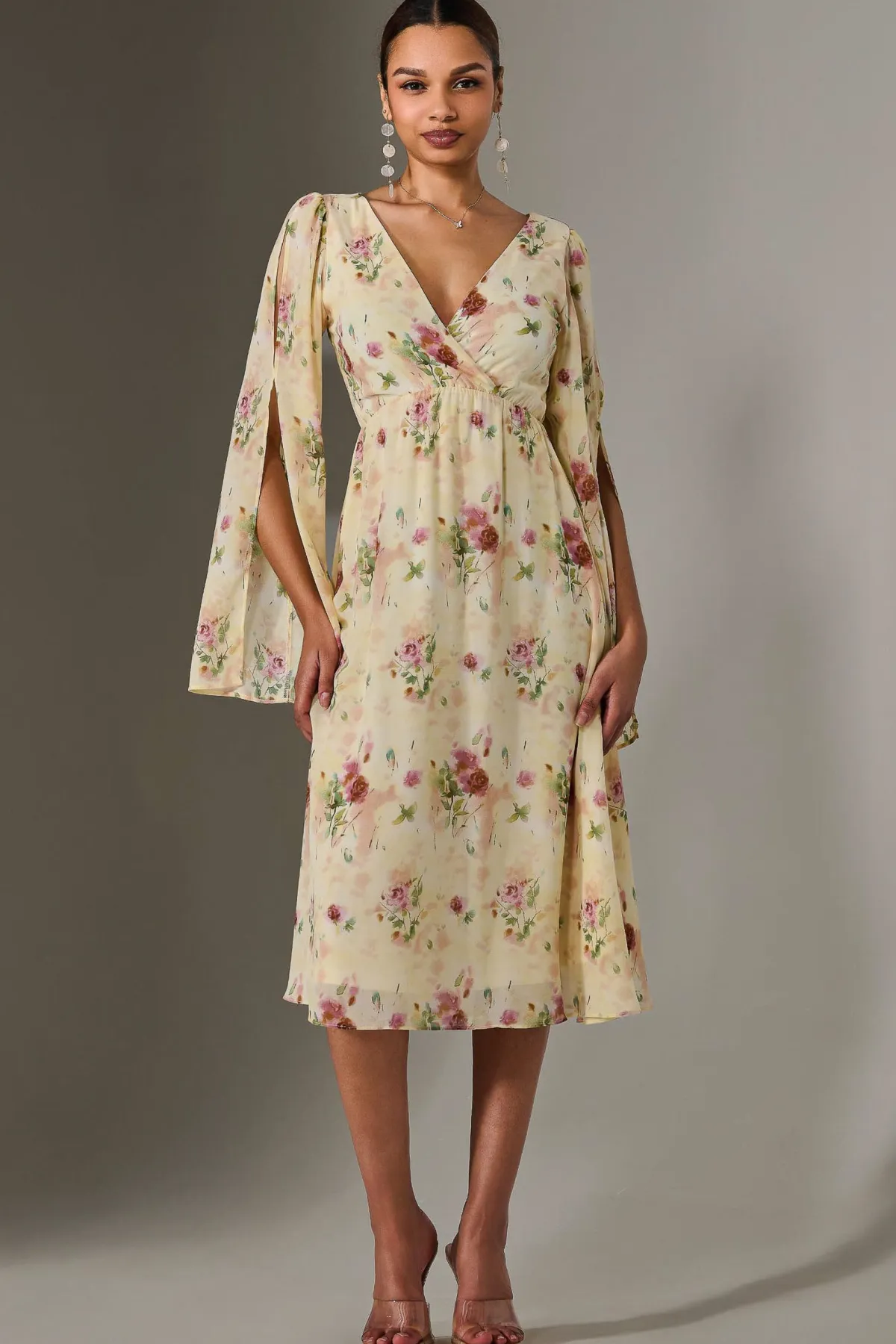 Jolie Moi Occasion Dresses|Floral Dresses-Chiffon Split Sleeve Midaxi Dress, Yellow Floral