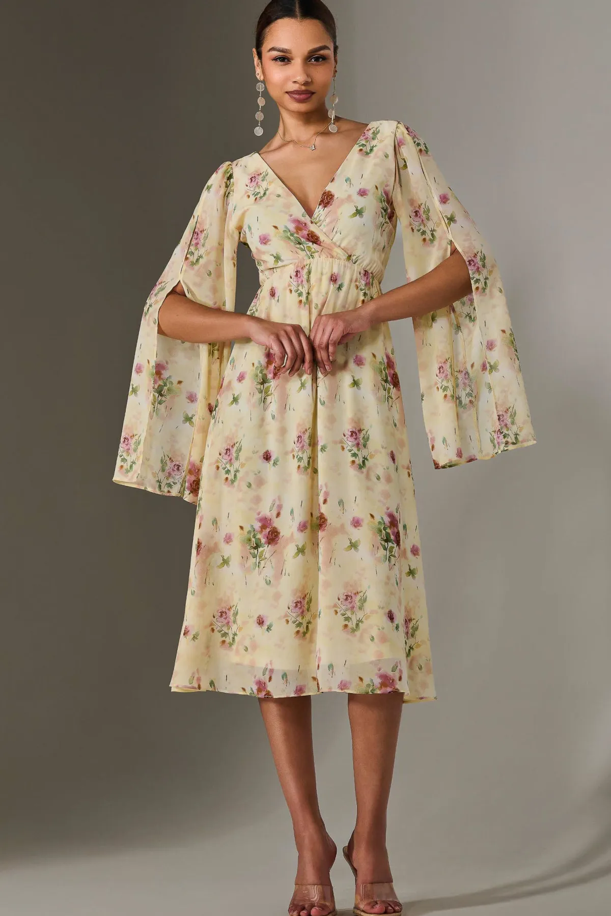 Jolie Moi Occasion Dresses|Floral Dresses-Chiffon Split Sleeve Midaxi Dress, Yellow Floral