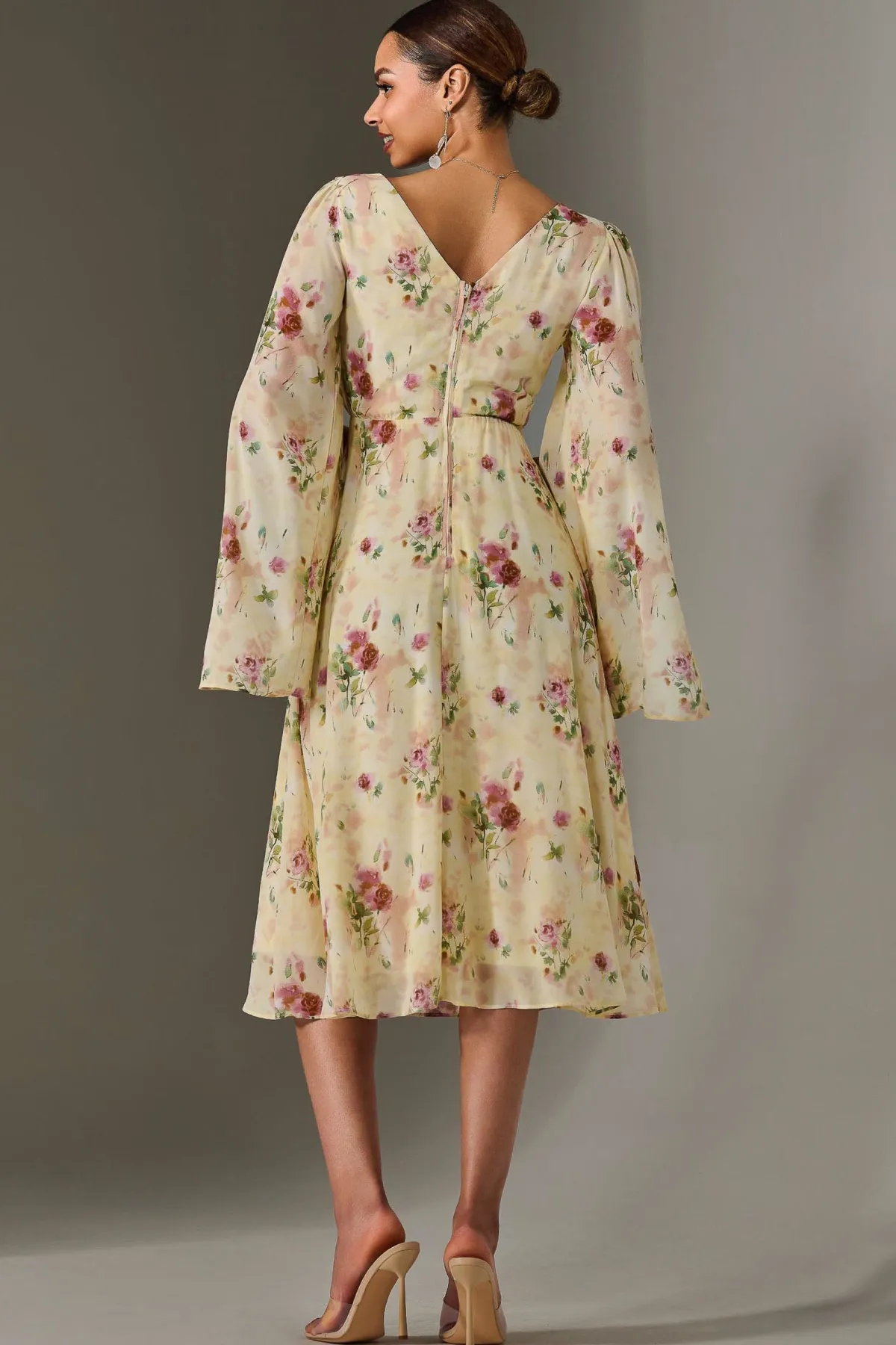 Jolie Moi Occasion Dresses|Floral Dresses-Chiffon Split Sleeve Midaxi Dress, Yellow Floral