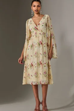 Jolie Moi Occasion Dresses|Floral Dresses-Chiffon Split Sleeve Midaxi Dress, Yellow Floral