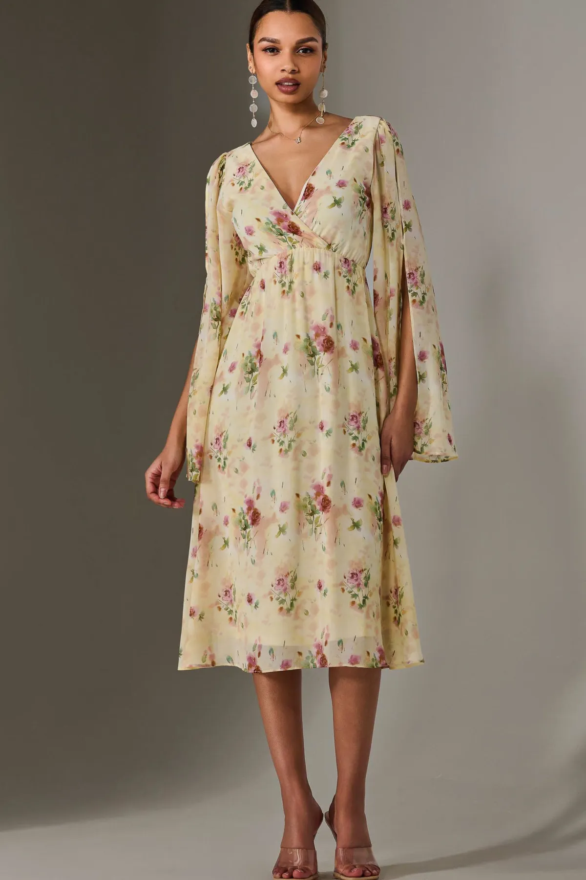 Jolie Moi Occasion Dresses|Floral Dresses-Chiffon Split Sleeve Midaxi Dress, Yellow Floral