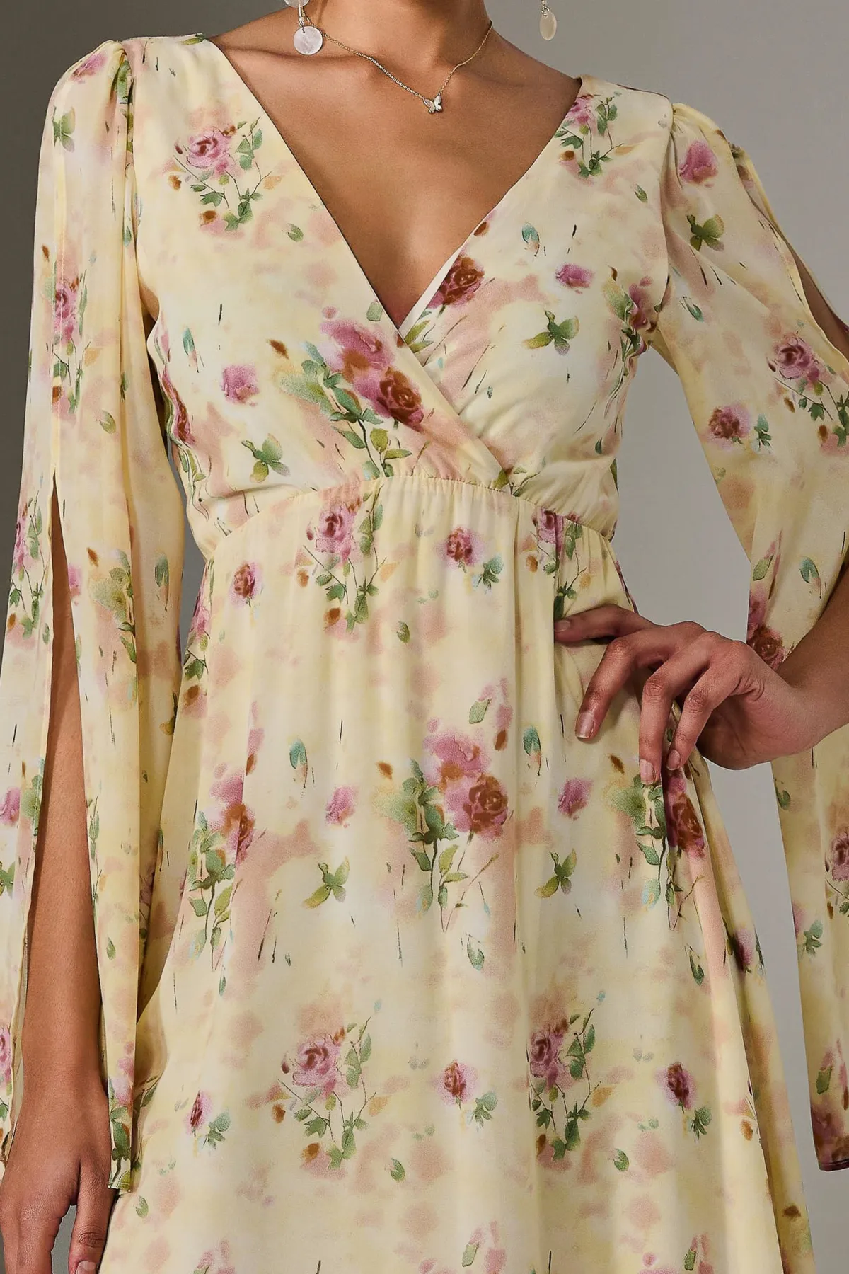 Jolie Moi Occasion Dresses|Floral Dresses-Chiffon Split Sleeve Midaxi Dress, Yellow Floral