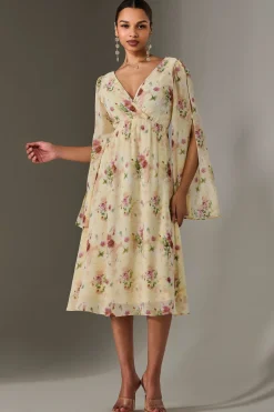 Jolie Moi Occasion Dresses|Floral Dresses-Chiffon Split Sleeve Midaxi Dress, Yellow Floral