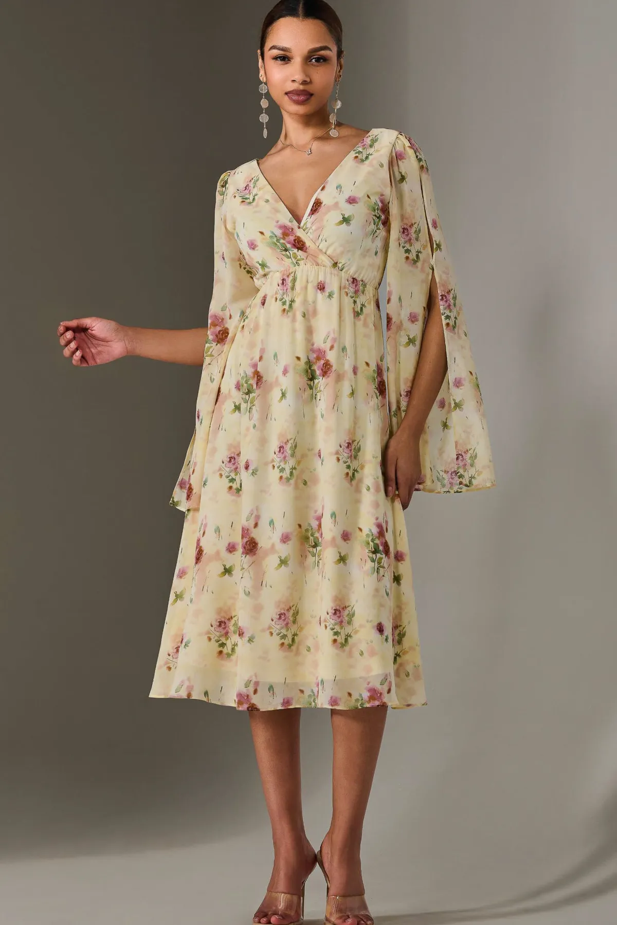 Jolie Moi Occasion Dresses|Floral Dresses-Chiffon Split Sleeve Midaxi Dress, Yellow Floral