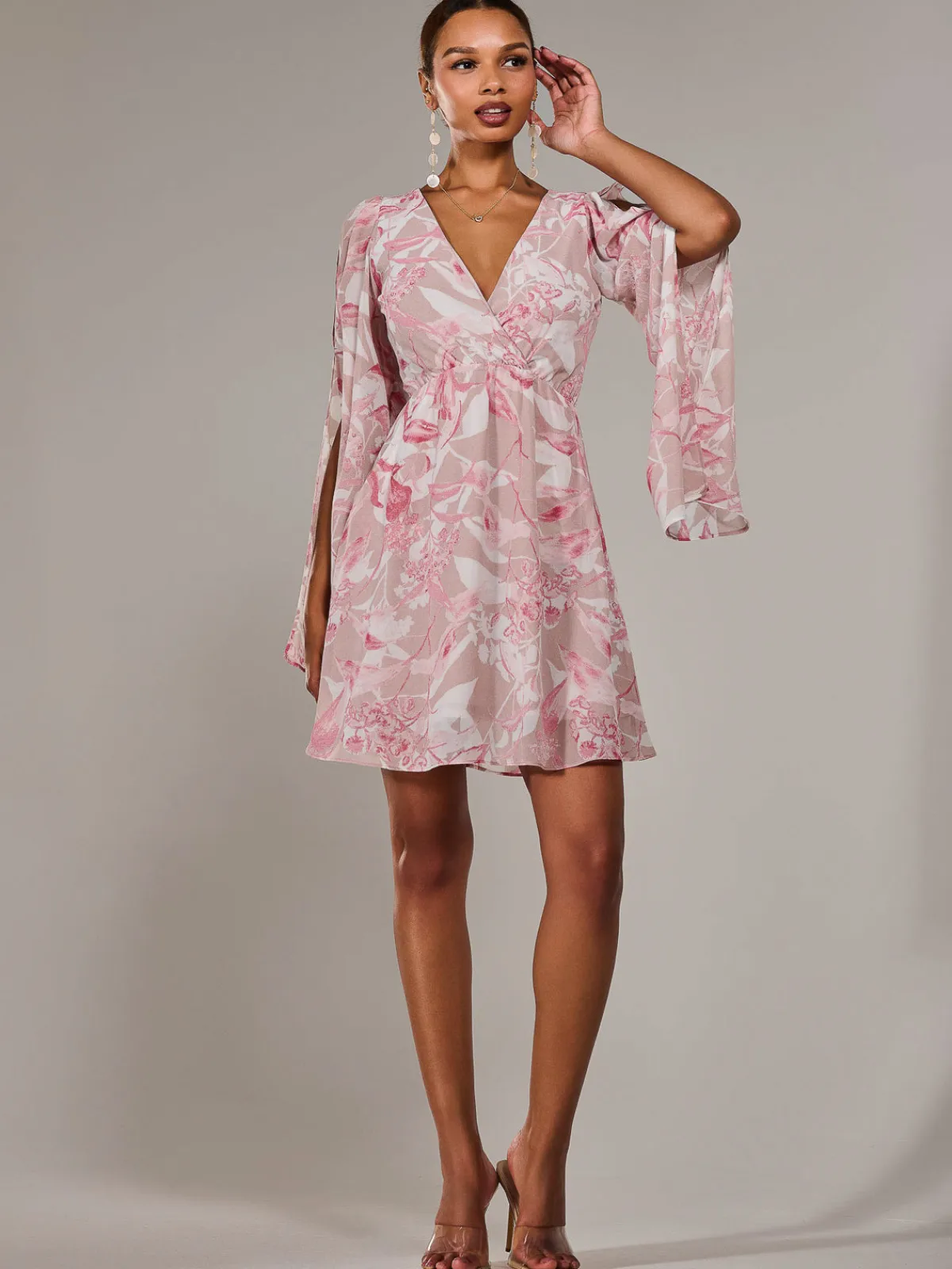 Jolie Moi Occasion Dresses|Floral Dresses-Chiffon Split Sleeve Mini Dress, Pink Floral