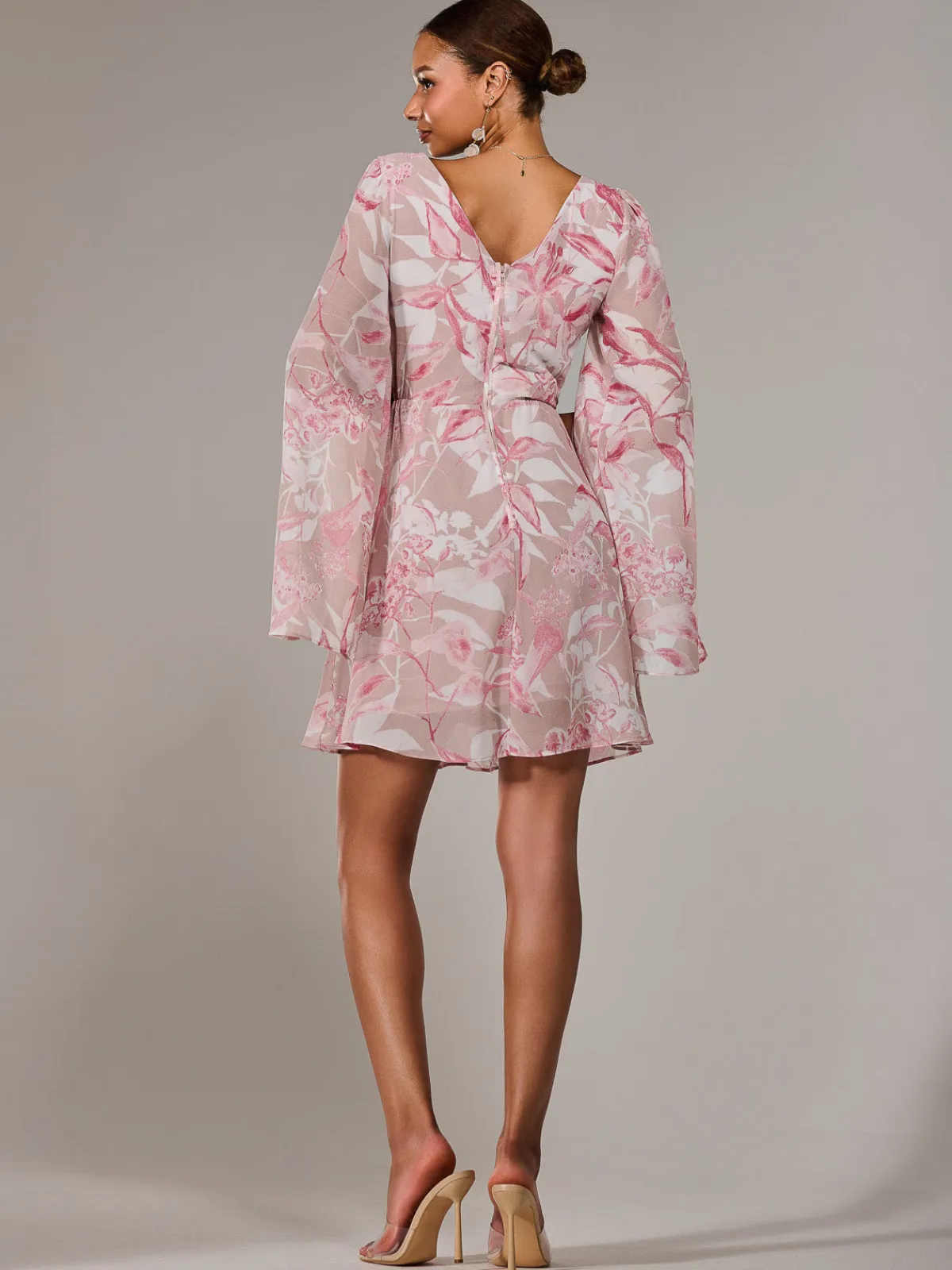 Jolie Moi Occasion Dresses|Floral Dresses-Chiffon Split Sleeve Mini Dress, Pink Floral
