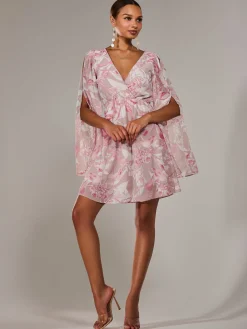 Jolie Moi Occasion Dresses|Floral Dresses-Chiffon Split Sleeve Mini Dress, Pink Floral