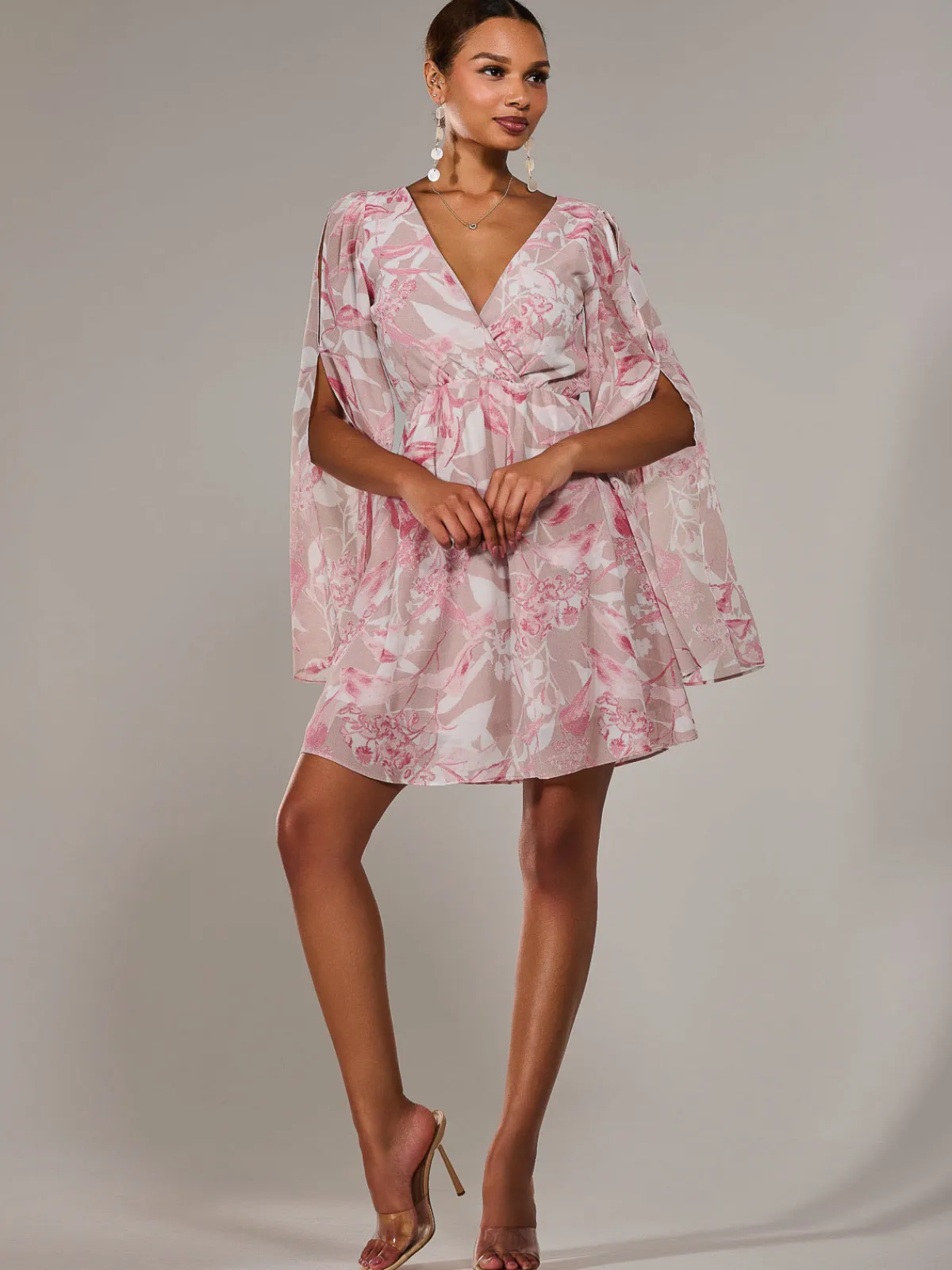 Jolie Moi Occasion Dresses|Floral Dresses-Chiffon Split Sleeve Mini Dress, Pink Floral