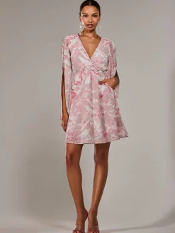 Jolie Moi Occasion Dresses|Floral Dresses-Chiffon Split Sleeve Mini Dress, Pink Floral