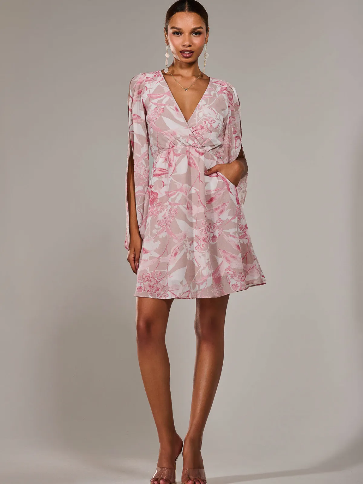 Jolie Moi Occasion Dresses|Floral Dresses-Chiffon Split Sleeve Mini Dress, Pink Floral