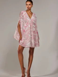 Jolie Moi Occasion Dresses|Floral Dresses-Chiffon Split Sleeve Mini Dress, Pink Floral
