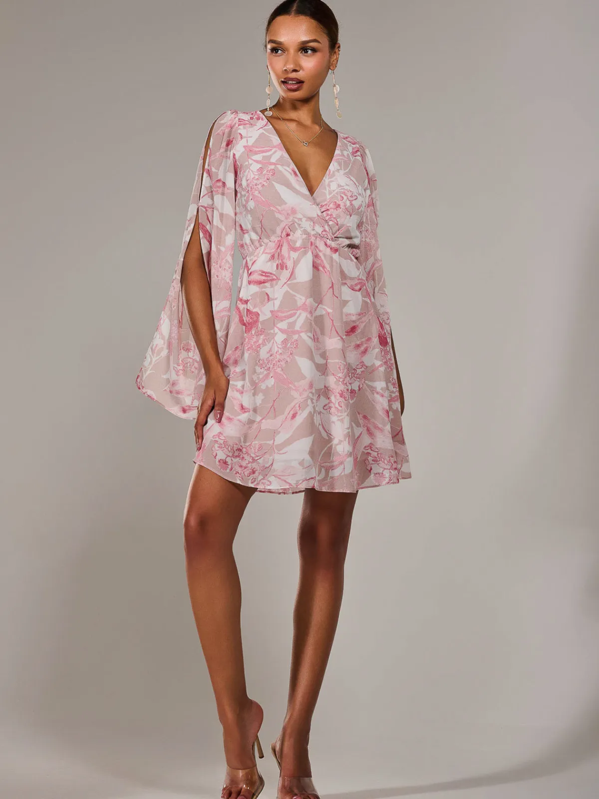 Jolie Moi Occasion Dresses|Floral Dresses-Chiffon Split Sleeve Mini Dress, Pink Floral