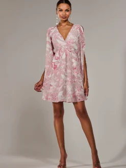 Jolie Moi Occasion Dresses|Floral Dresses-Chiffon Split Sleeve Mini Dress, Pink Floral