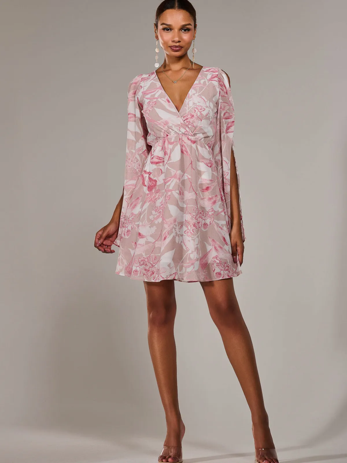 Jolie Moi Occasion Dresses|Floral Dresses-Chiffon Split Sleeve Mini Dress, Pink Floral