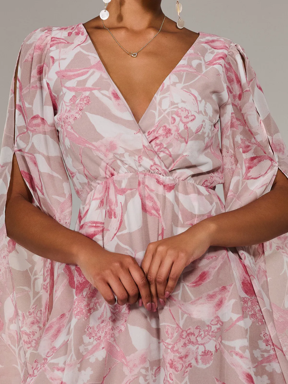 Jolie Moi Occasion Dresses|Floral Dresses-Chiffon Split Sleeve Mini Dress, Pink Floral