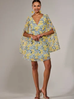 Jolie Moi Occasion Dresses|Floral Dresses-Chiffon Split Sleeve Mini Dress, Yellow Floral