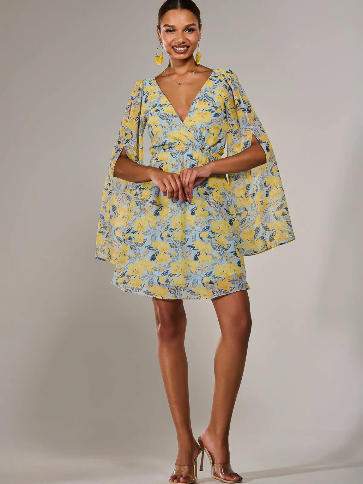 Jolie Moi Occasion Dresses|Floral Dresses-Chiffon Split Sleeve Mini Dress, Yellow Floral