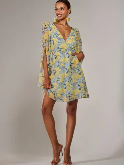 Jolie Moi Occasion Dresses|Floral Dresses-Chiffon Split Sleeve Mini Dress, Yellow Floral
