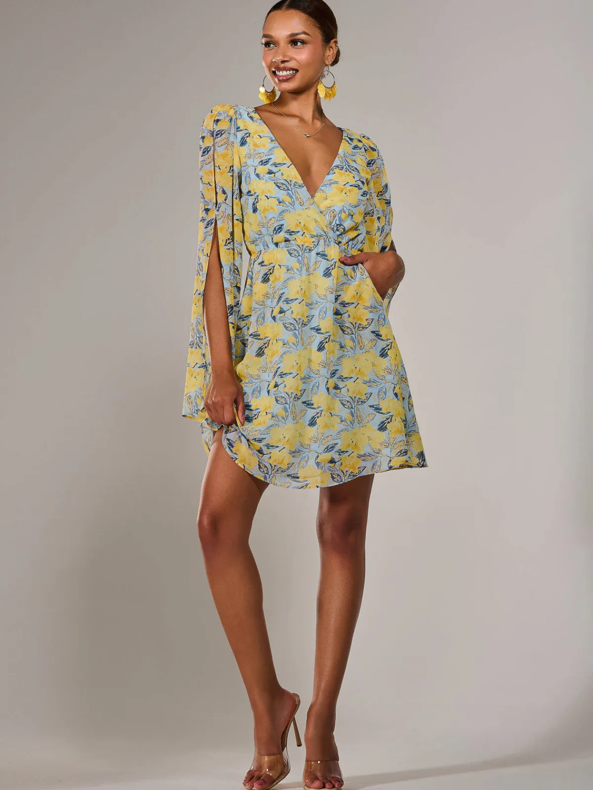 Jolie Moi Occasion Dresses|Floral Dresses-Chiffon Split Sleeve Mini Dress, Yellow Floral