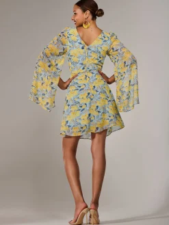 Jolie Moi Occasion Dresses|Floral Dresses-Chiffon Split Sleeve Mini Dress, Yellow Floral