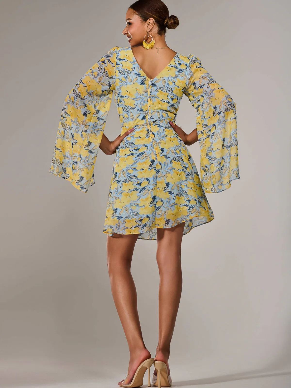 Jolie Moi Occasion Dresses|Floral Dresses-Chiffon Split Sleeve Mini Dress, Yellow Floral