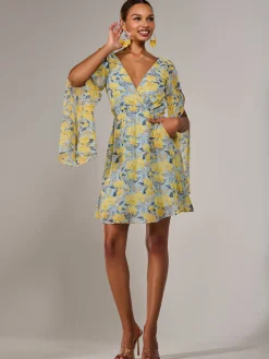 Jolie Moi Occasion Dresses|Floral Dresses-Chiffon Split Sleeve Mini Dress, Yellow Floral