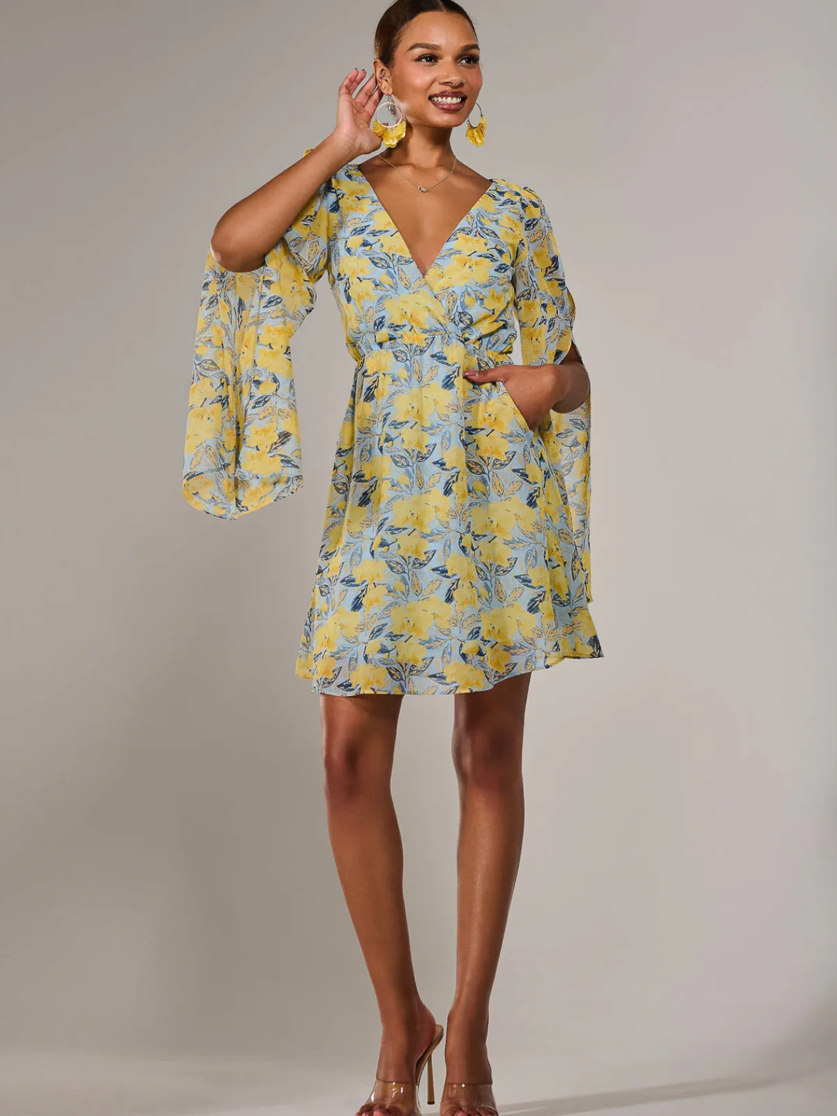 Jolie Moi Occasion Dresses|Floral Dresses-Chiffon Split Sleeve Mini Dress, Yellow Floral