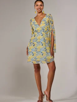 Jolie Moi Occasion Dresses|Floral Dresses-Chiffon Split Sleeve Mini Dress, Yellow Floral