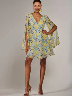 Jolie Moi Occasion Dresses|Floral Dresses-Chiffon Split Sleeve Mini Dress, Yellow Floral