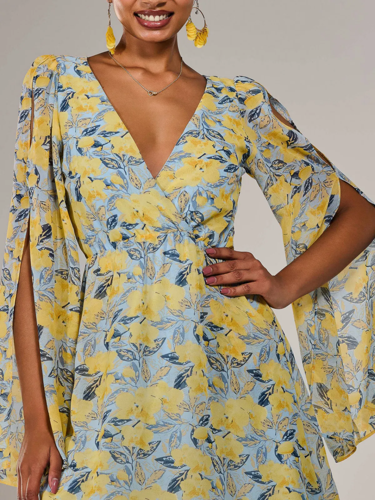 Jolie Moi Occasion Dresses|Floral Dresses-Chiffon Split Sleeve Mini Dress, Yellow Floral