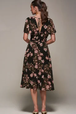 Jolie Moi Floral Dresses|Midi Dresses-Chiffon Tie Back Detail Midi Dress, Black Floral