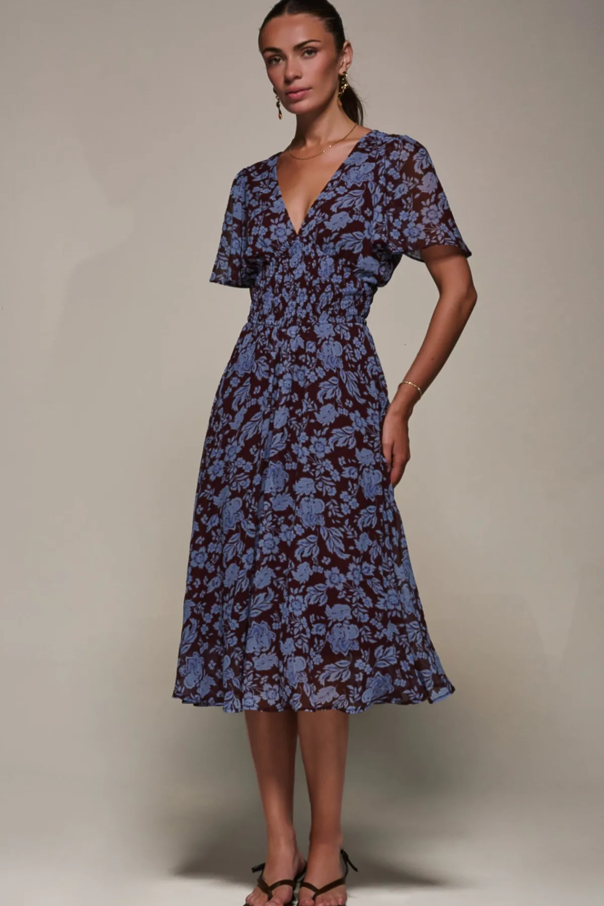 Jolie Moi Midi Dresses|Weekend Casuals-Chiffon Tie Back Detail Midi Dress, Blue Floral