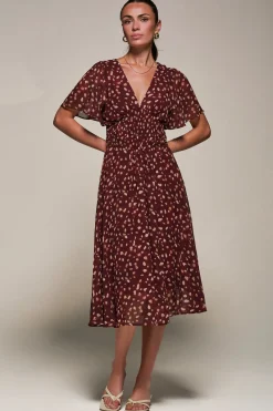 Jolie Moi Midi Dresses-Chiffon Tie Back Detail Midi Dress, Burgundy Abstract