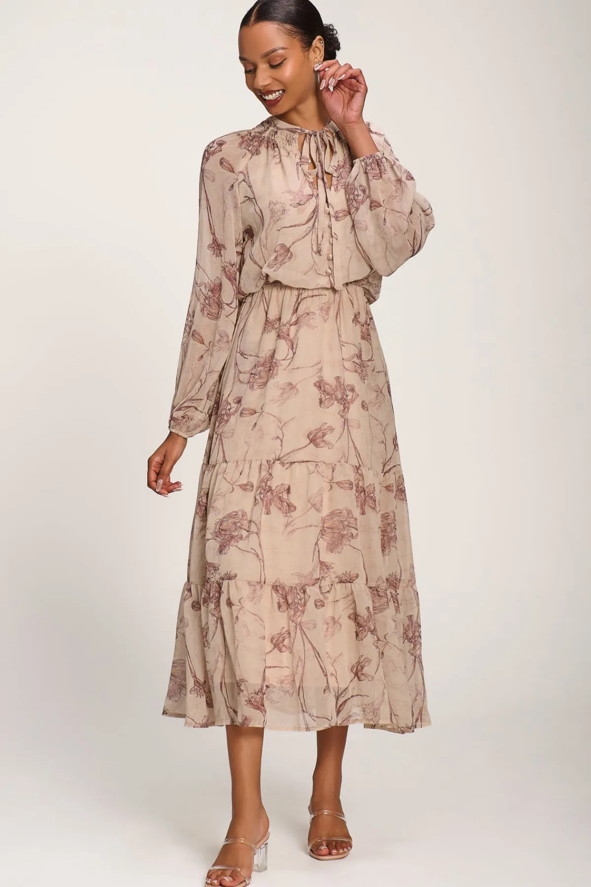 Jolie Moi Office Wear|Office Dresses-Chiffon Tie Neckline Midaxi Dress, Brown Floral
