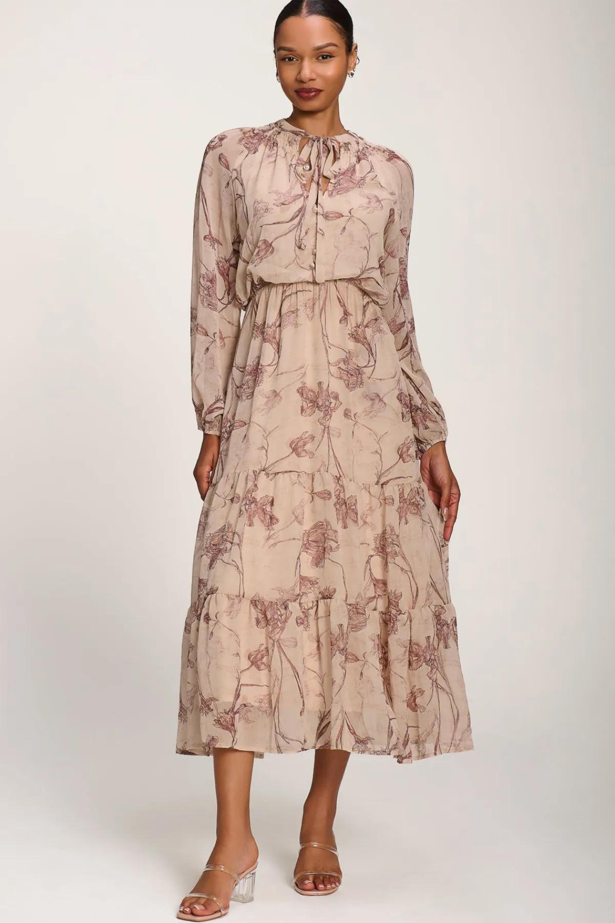 Jolie Moi Office Wear|Office Dresses-Chiffon Tie Neckline Midaxi Dress, Brown Floral