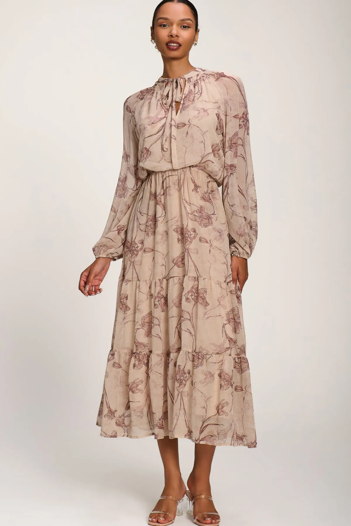 Jolie Moi Office Wear|Office Dresses-Chiffon Tie Neckline Midaxi Dress, Brown Floral