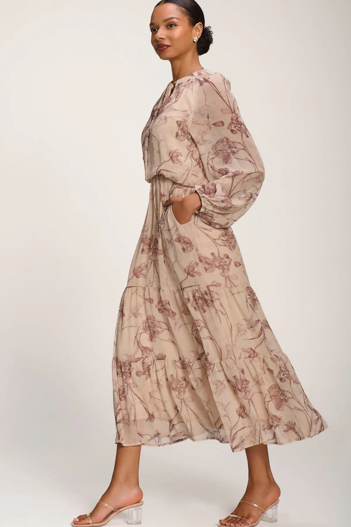 Jolie Moi Office Wear|Office Dresses-Chiffon Tie Neckline Midaxi Dress, Brown Floral