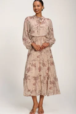 Jolie Moi Office Wear|Office Dresses-Chiffon Tie Neckline Midaxi Dress, Brown Floral
