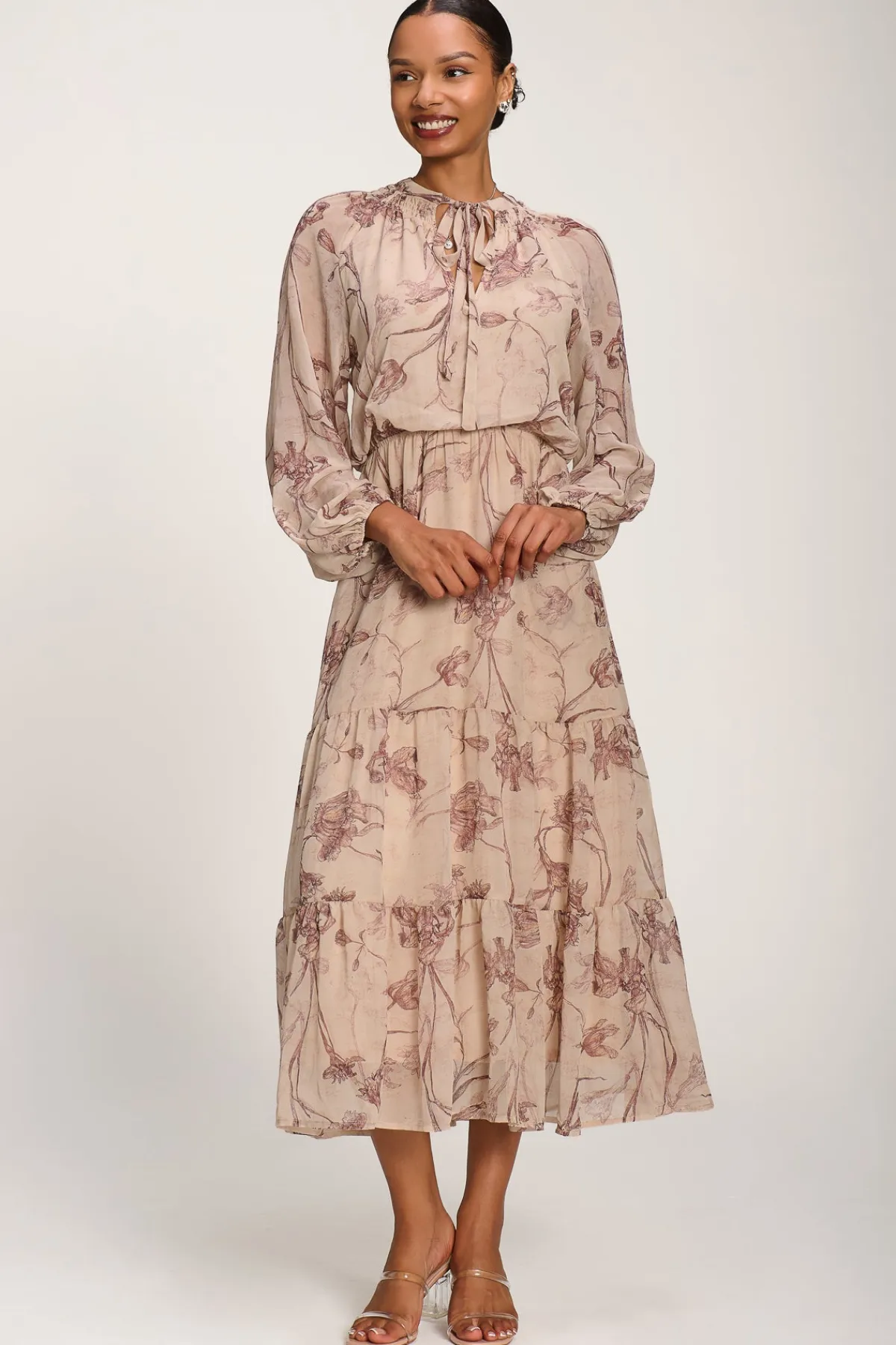 Jolie Moi Office Wear|Office Dresses-Chiffon Tie Neckline Midaxi Dress, Brown Floral