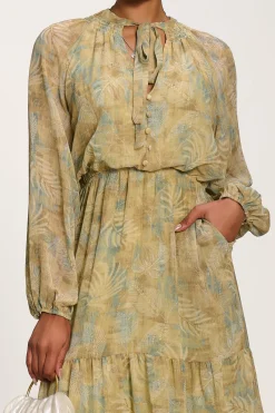 Jolie Moi Weekend Casuals|Long Sleeved Dresses-Chiffon Tie Neckline Midaxi Dress, Green Abstract