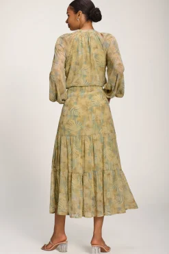 Jolie Moi Weekend Casuals|Long Sleeved Dresses-Chiffon Tie Neckline Midaxi Dress, Green Abstract
