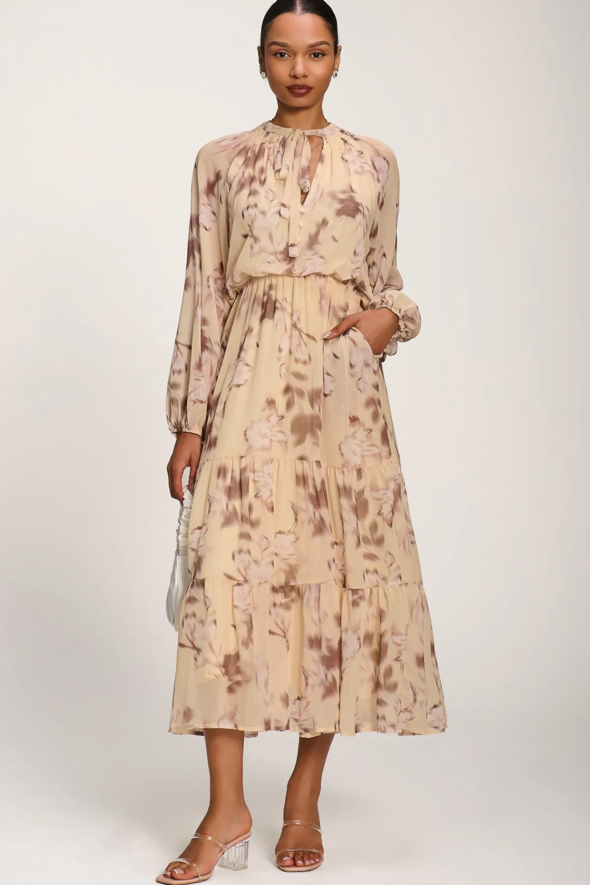 Jolie Moi Office Wear|Office Dresses-Chiffon Tie Neckline Midaxi Dress, Yellow Abstract